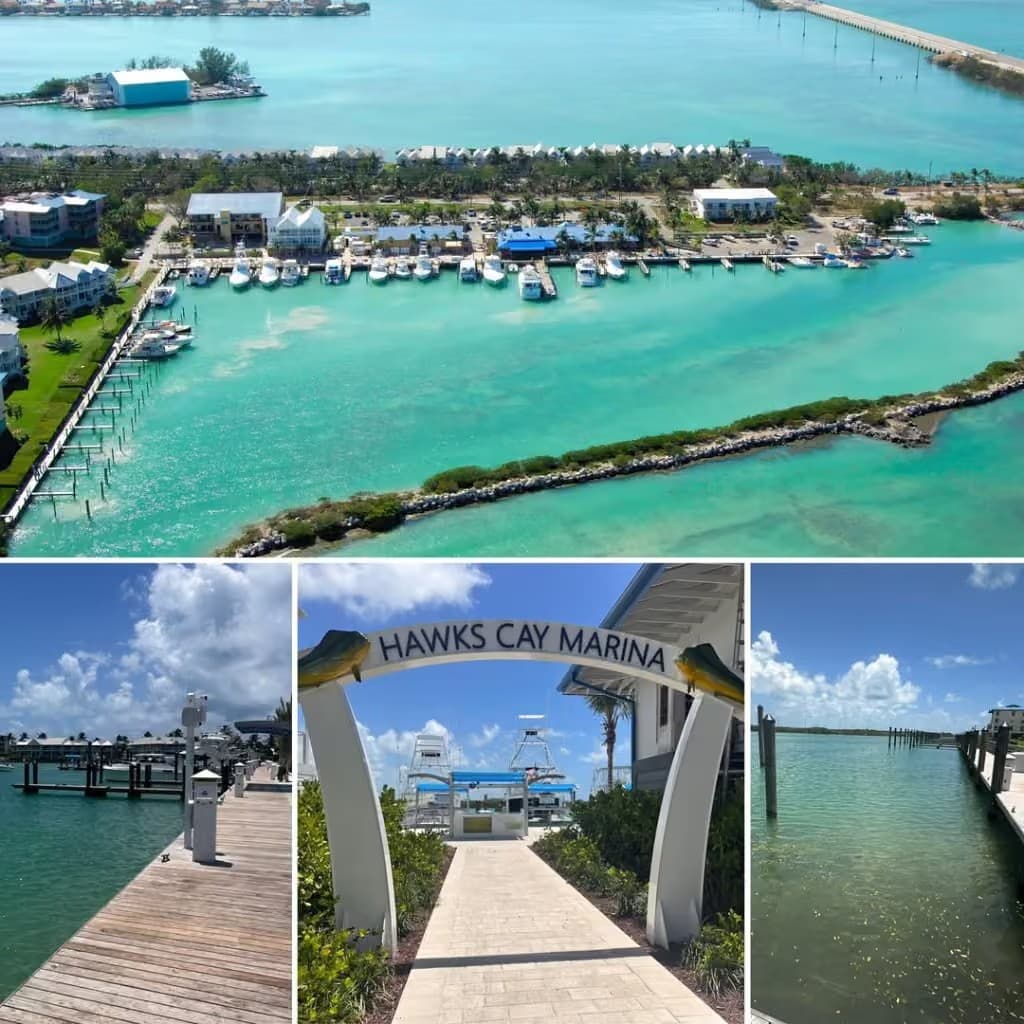 Hawks Cay Marina in the Florida Keys, with docks, boats, a rock breakwater, and the marina entrance