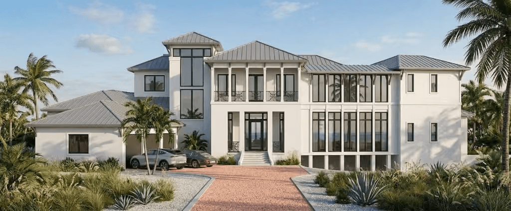 Newly built two-story Florida home with metal roof, tall windows, and palm landscaping