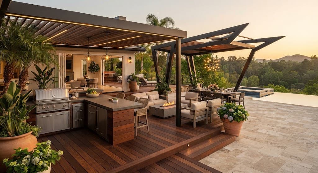Outdoor kitchen, dining, and lounge area overlooking a pool at sunset