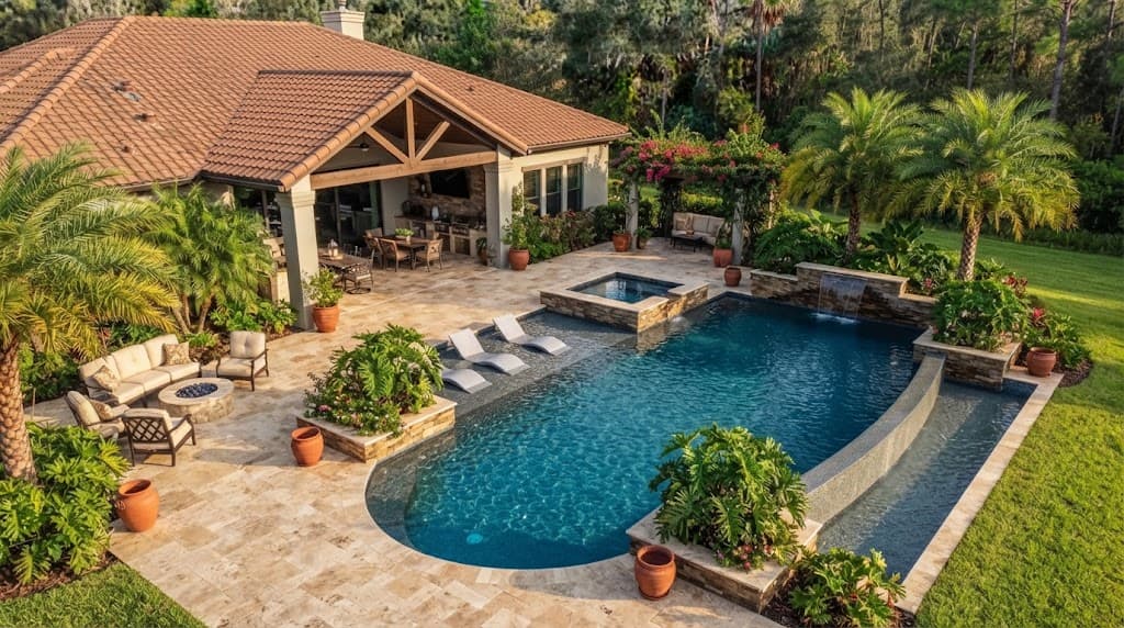 Residential swimming pool and patio with outdoor living areas