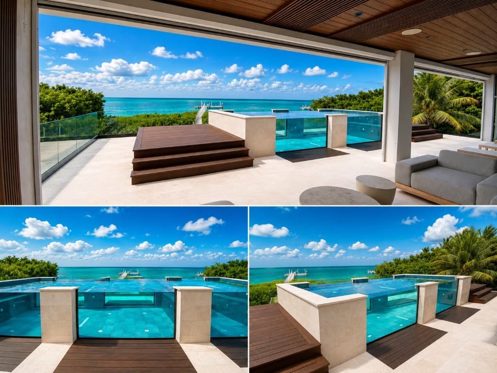 Infinity-edge pool and covered lanai overlooking turquoise water, with a wood deck and glass pool walls