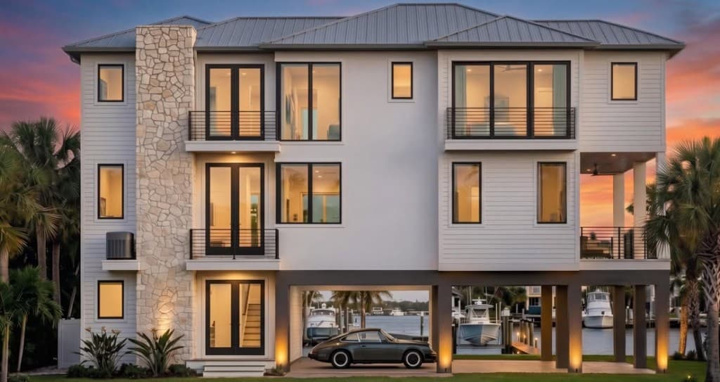 Elevated waterfront home with a stone chimney, metal roof, and open ground level facing a canal